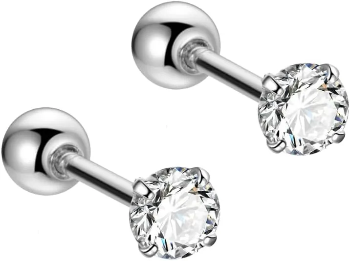 Mini Spark 14K Gold Plated Nap Earrings 925 Sterling Silver One CZ Stone Screw Ball Back Hypoallergenic Studs Everyday Cartilage Helix Celestial Tiny Second Earlobe Piercing Jewelry Unisex 3MM