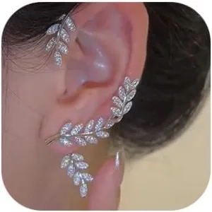 Missgrace 1 Pair Elven Ear Cuffs Goth Elf Fairy Earrings Hollowed Ear Rhinestones Leaf Earrings Fantasy Cosplay Earrings Cuff Wrap Earrings Shiny Sexy Earrings for Women(Silver)