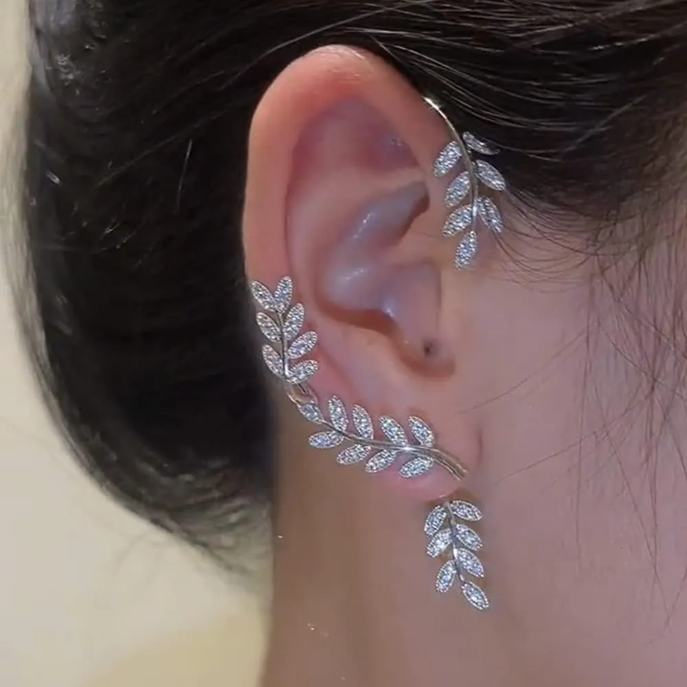 Missgrace 1 Pair Elven Ear Cuffs Goth Elf Fairy Earrings Hollowed Ear Rhinestones Leaf Earrings Fantasy Cosplay Earrings Cuff Wrap Earrings Shiny Sexy Earrings for Women(Silver)