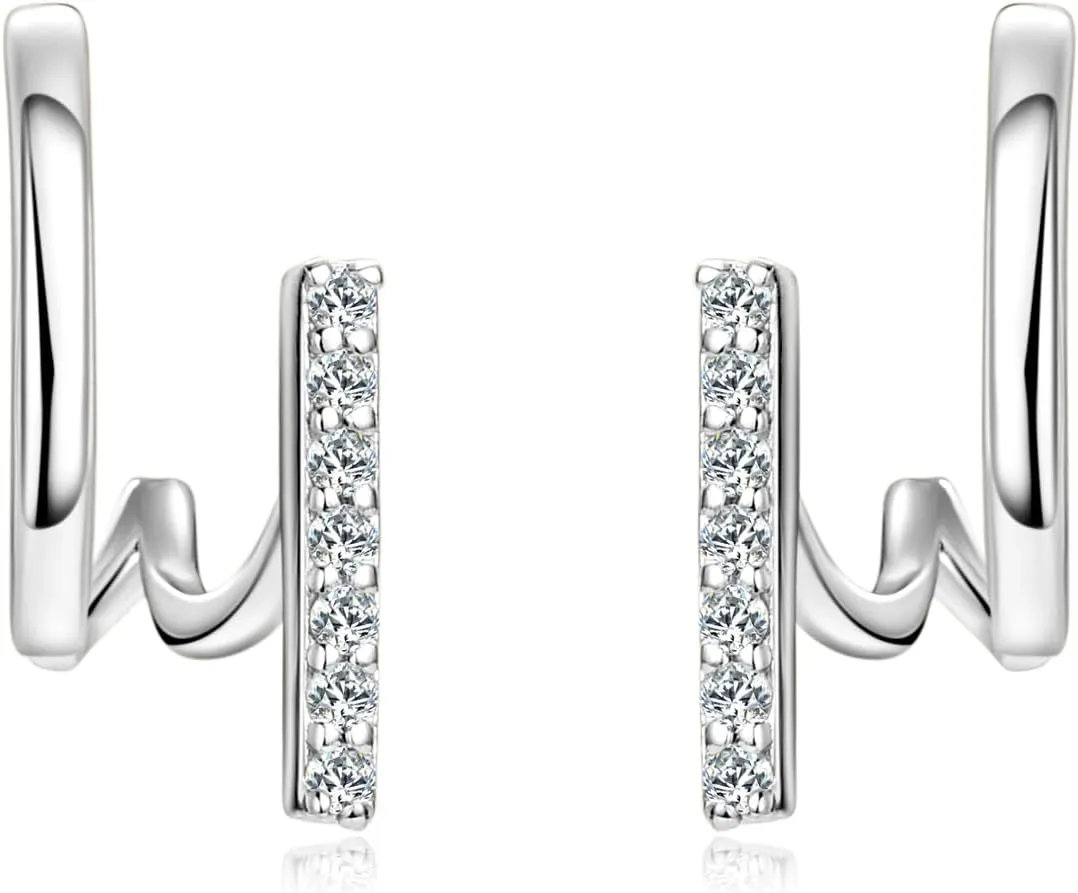 Moissanite Split Hoop Huggie Earrings for Women,18K White Gold Plated 925 Sterling Silver Small Simple Stud Earring, D-E Color VVS1 Clarity Brilliant Diamond Hypoallergenic Everyday Jewelry with Certificate