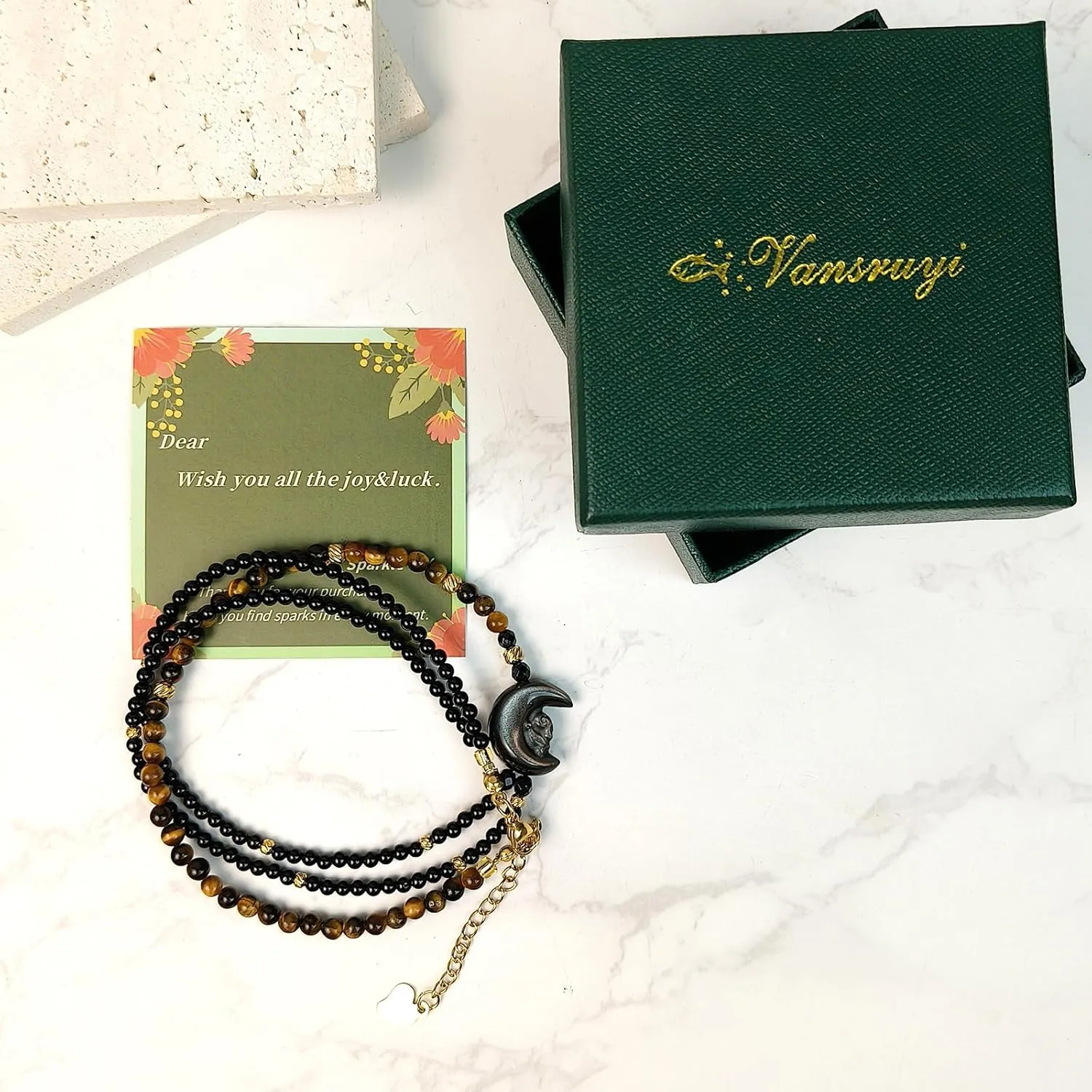 Moon Rabbit Necklaces (45 5cm) Length Obsidian Pendant with Gold Tiger eye Black Onyx Crystal Bead Layering &Personalized Handmade Men Women Gifts&Jewelry for Bestfriend&Family&Teen&Holiday MoonRabbit