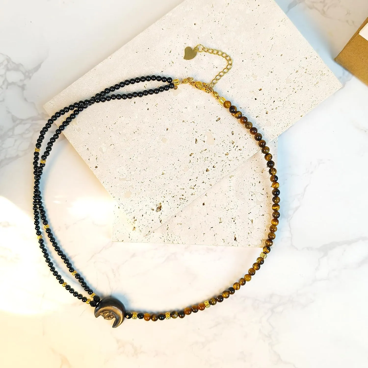 Moon Rabbit Necklaces (45 5cm) Length Obsidian Pendant with Gold Tiger eye Black Onyx Crystal Bead Layering &Personalized Handmade Men Women Gifts&Jewelry for Bestfriend&Family&Teen&Holiday MoonRabbit