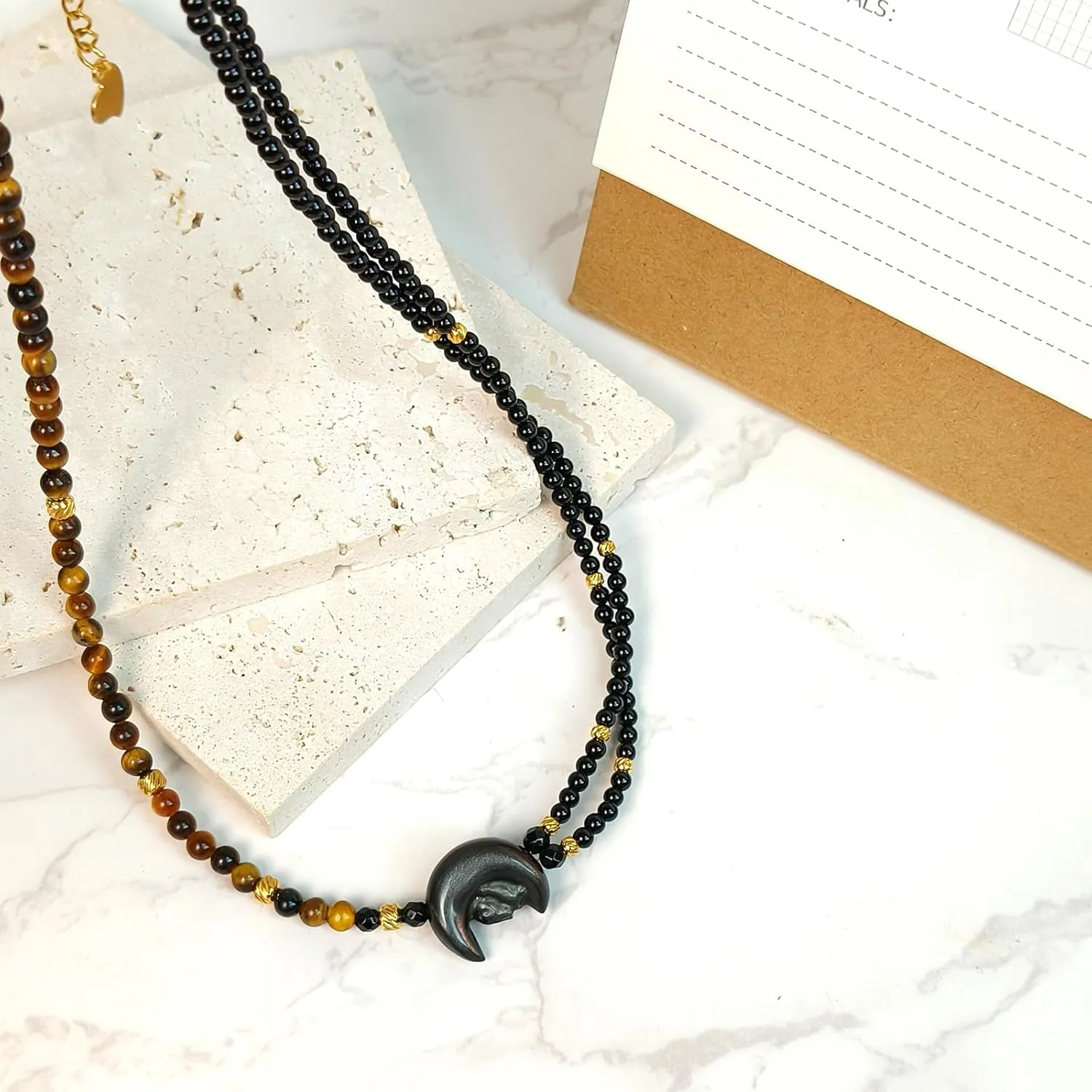 Moon Rabbit Necklaces (45 5cm) Length Obsidian Pendant with Gold Tiger eye Black Onyx Crystal Bead Layering &Personalized Handmade Men Women Gifts&Jewelry for Bestfriend&Family&Teen&Holiday MoonRabbit