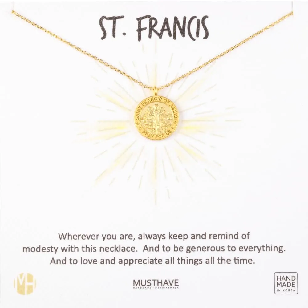 MUSTHAVE ST. Francis Coin 18K Gold Plated Necklace With Message Card, Yellow and White Color, Anchor Chain, Best Gift Necklace, Size 16 inch   2 inch Extender, Pendant