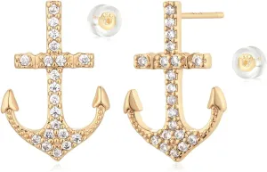 MYEARS Women Anchor Earrings Gold Stud Cluster Cubic Zirconia 14K Gold Plated Small Simple Hypoallergenic Summer Beach Everyday Jewelry