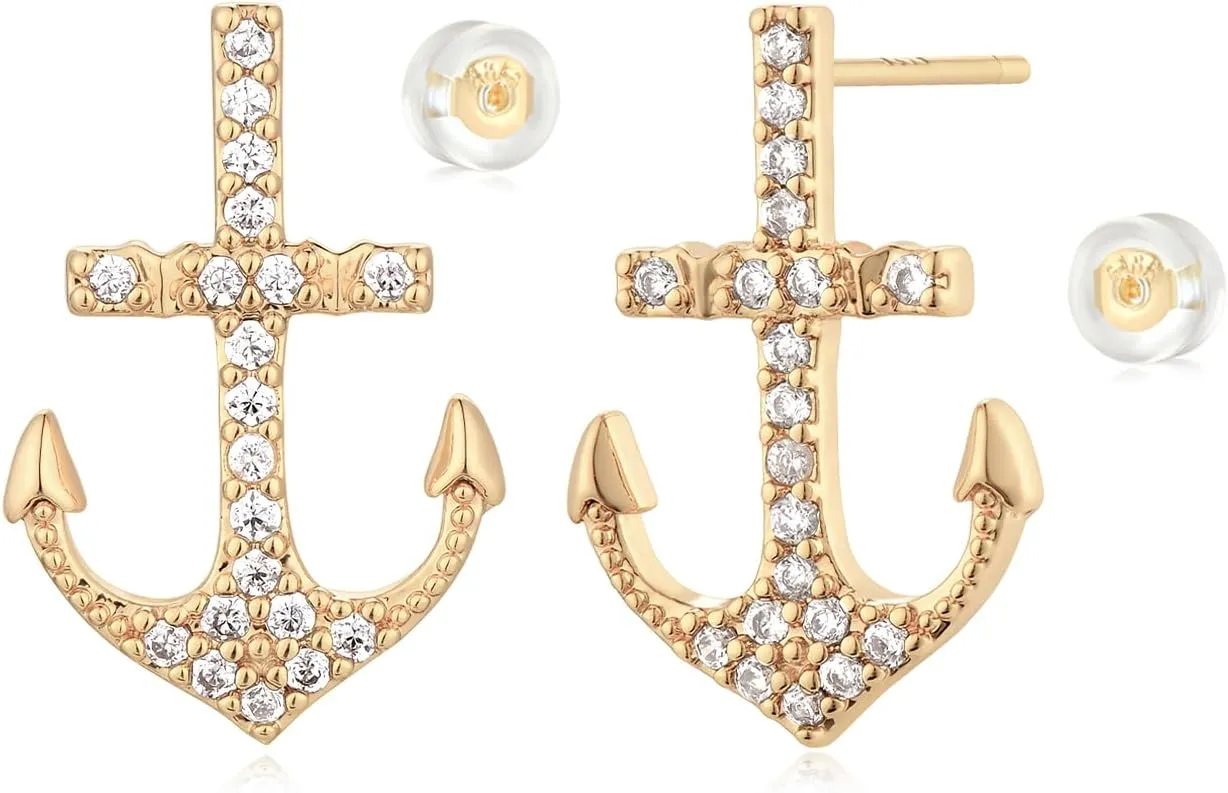 MYEARS Women Anchor Earrings Gold Stud Cluster Cubic Zirconia 14K Gold Plated Small Simple Hypoallergenic Summer Beach Everyday Jewelry