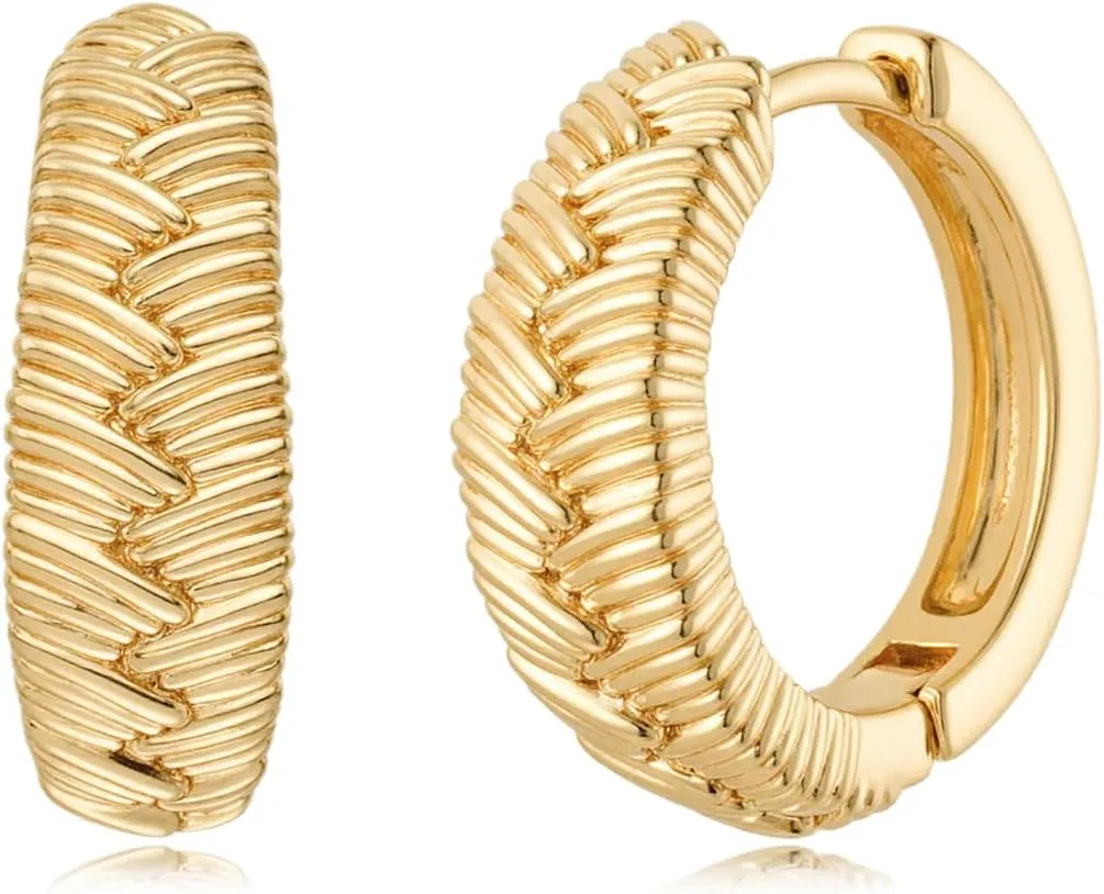 MYEARS Women Braid Earrings Gold Huggie Hoop Palm Leaf Sleeper 14K Gold Filled Small Simple Handmade Hypoallergenic Everyday Jewelry