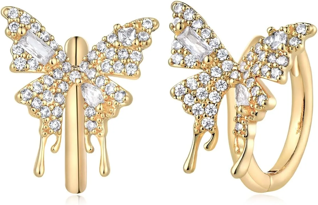 MYEARS Women Butterfly Earrings Gold Huggie Hoop 14K Small Simple Hypoallergenic Everyday Jewelry