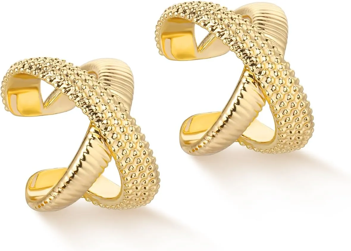 MYEARS Women Ear Cuff Earrings Gold Non Pierced Cartilage Clip on Open Wrap X Hoop 14K Gold Plated Simple Hypoallergenic Everyday Jewelry