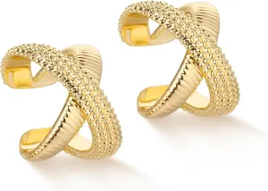 MYEARS Women Ear Cuff Earrings Gold Non Pierced Cartilage Clip on Open Wrap X Hoop 14K Gold Plated Simple Hypoallergenic Everyday Jewelry