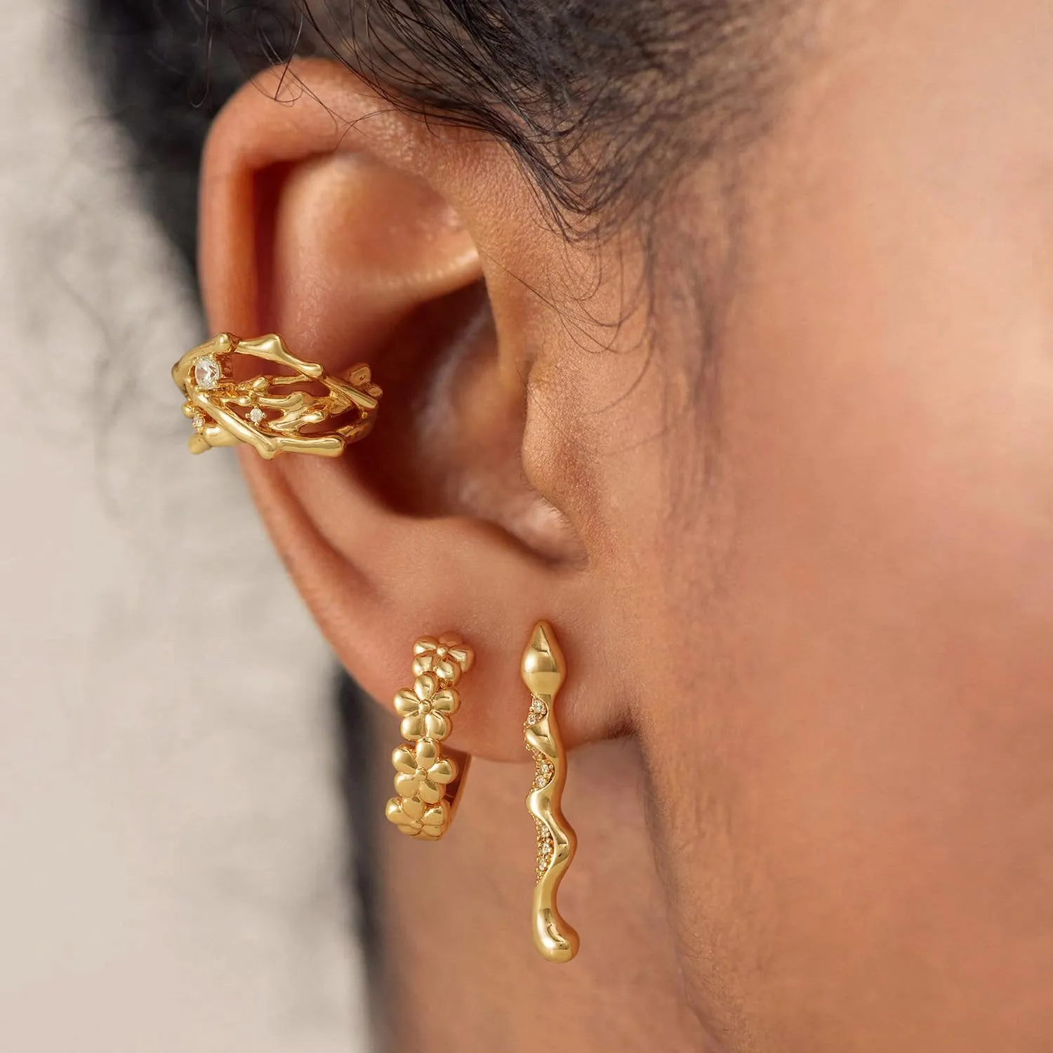 MYEARS Women Earrings Gold Huggie Hoop Cubic Zirconia 14K Gold Plated Small Simple Hypoallergenic Everyday Jewelry - Flower and Tree