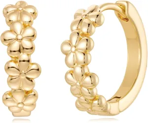 MYEARS Women Earrings Gold Huggie Hoop Cubic Zirconia 14K Gold Plated Small Simple Hypoallergenic Everyday Jewelry - Flower and Tree