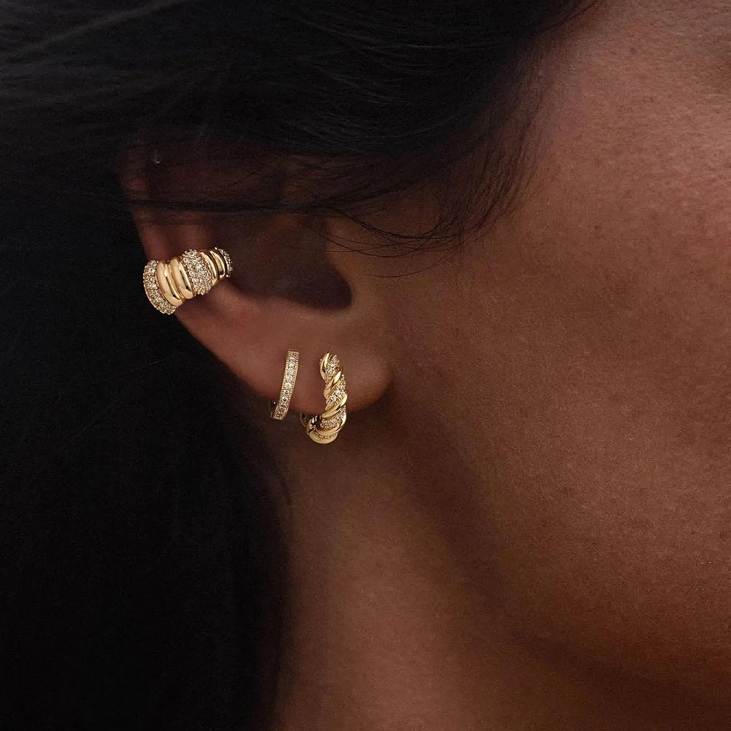 MYEARS Women Gold Huggie Hoop Earrings Ear Stud Cuff 14K Gold Plated Small Simple Minimalist Hypoallergenic Everyday Jewelry