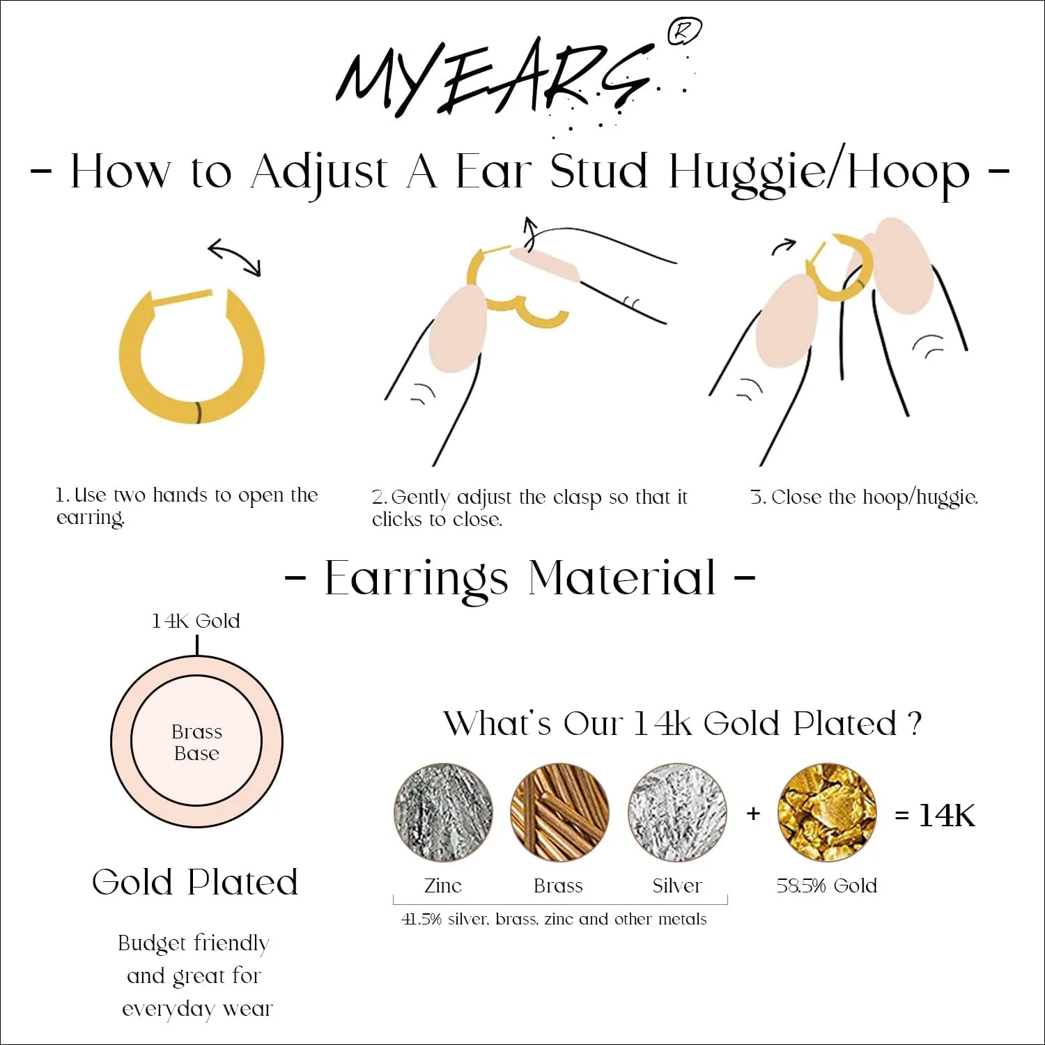 MYEARS Women Gold Huggie Hoop Earrings Ear Stud Cuff 14K Gold Plated Small Simple Minimalist Hypoallergenic Everyday Jewelry