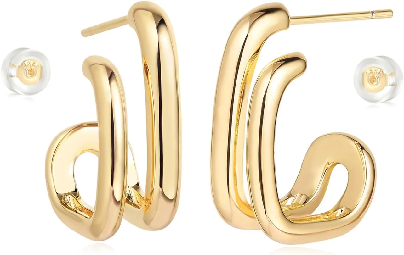 MYEARS Women Hoop Earrings Gold Open C Shape 14K Gold Plated Small Simple Hypoallergenic Everyday Illusion Jewelry