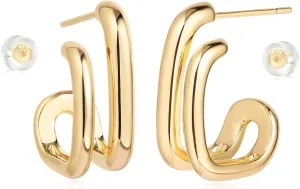 MYEARS Women Hoop Earrings Gold Open C Shape 14K Gold Plated Small Simple Hypoallergenic Everyday Illusion Jewelry