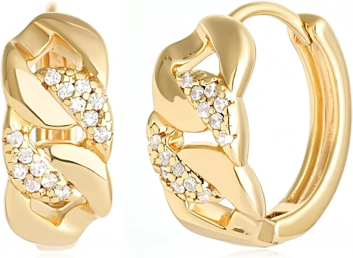 MYEARS Women Link Earrings Gold Chain Huggie Link Hoop Cubic Zirconia 14K Gold Plated Small Simple Hypoallergenic Everyday Jewelry