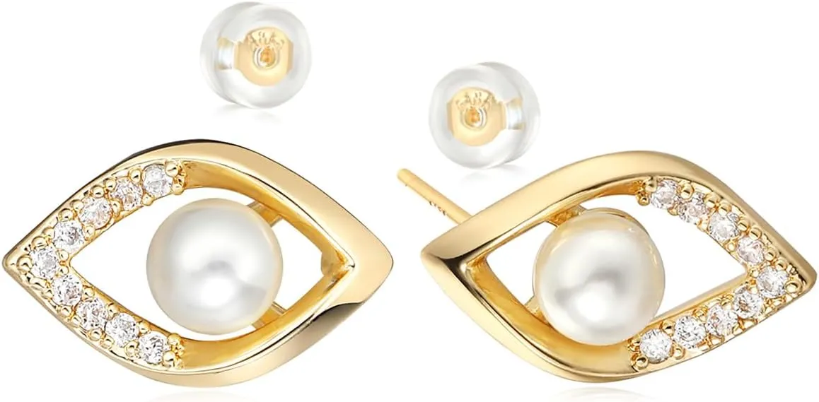 MYEARS Women Pearl Earrings Gold 14K Gold Plated Small Simple Hypoallergenic Everyday Jewelry