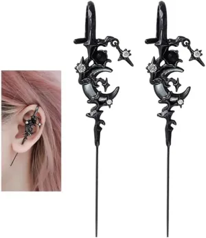 Myth of The Moon Ear Hook Earrings Creative Star Moon Earrings for Women Moon Ear Hook Needle Piercing Earring Gothic Moon Climber Crawler Earrings Punk Halloween Moon Jewelry