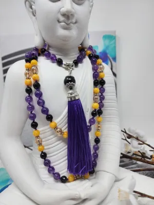 Natural Amethyst Yellow Jade Citrine Tourmaline 8mm-10mm 108 Mala Beads, Spiritual, Meditation Beads, Reiki, Japa Mala, Buddhist Prayer Beads, Yoga Bracelet, healing beads LKMALA-RRGU-345