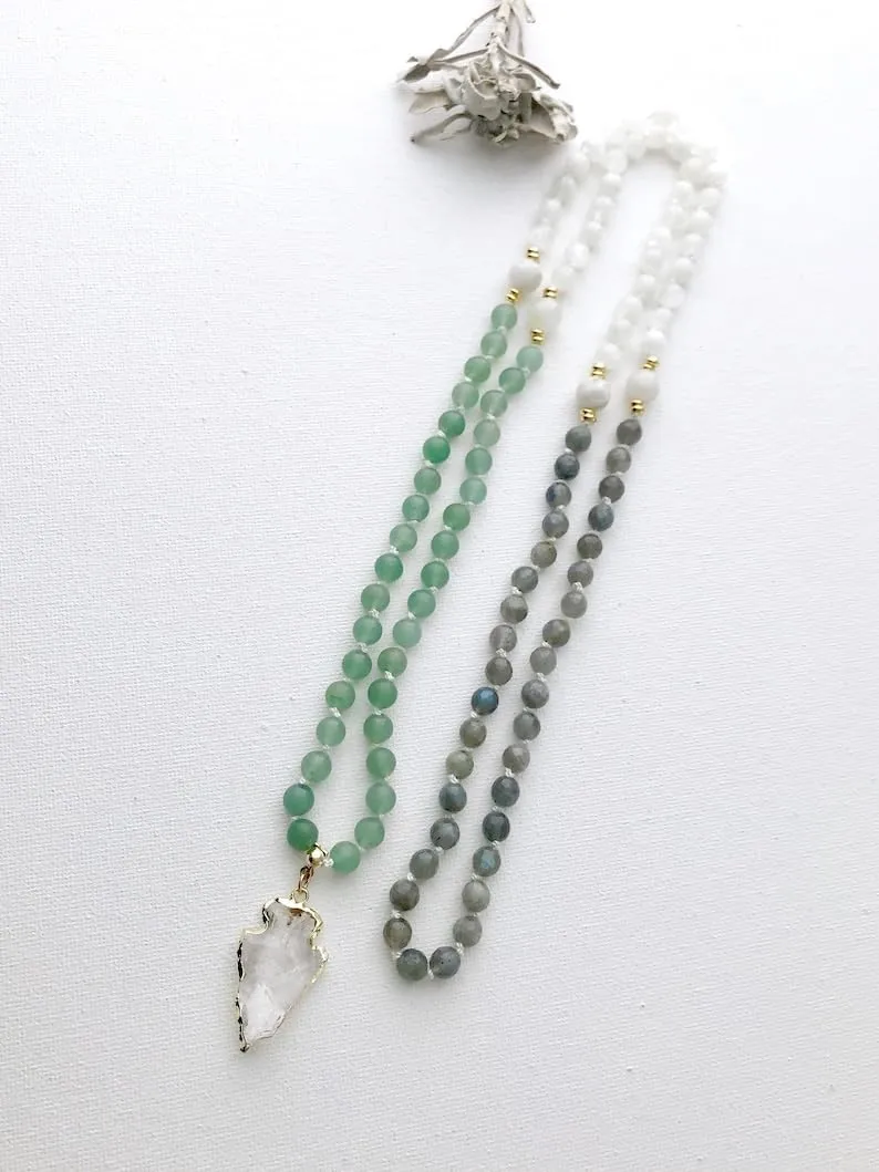 Natural Green Aventurine Moonstone Labradorite and Quartz 6mm 108 Mala Beads, Spiritual, Meditation Beads, Reiki, Japa Mala, Buddhist Prayer Beads, Yoga Bracelet, healing beads LKMALA-RRGU-2188