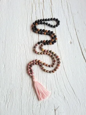 Natural Jasper, Rhodonite, Black and Brown Rudraksha, Lava 6mm 108 Mala Beads, Spiritual, Meditation Beads, Reiki, Japa Mala, Buddhist Prayer Beads, Yoga Bracelet, healing beads LKMALA-RRGU-2663