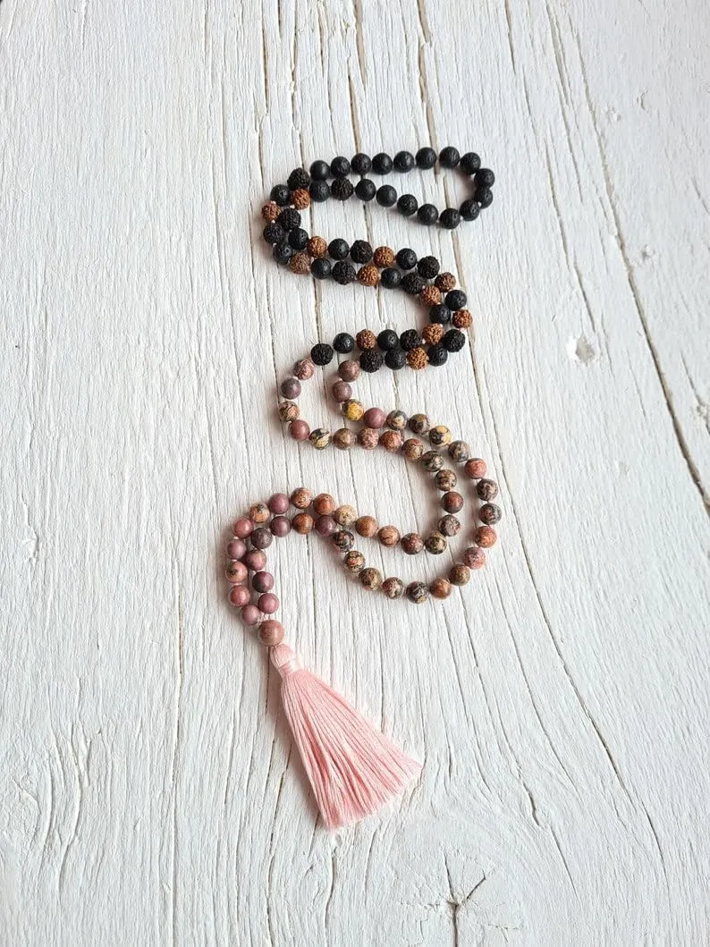 Natural Jasper, Rhodonite, Black and Brown Rudraksha, Lava 6mm 108 Mala Beads, Spiritual, Meditation Beads, Reiki, Japa Mala, Buddhist Prayer Beads, Yoga Bracelet, healing beads LKMALA-RRGU-2663