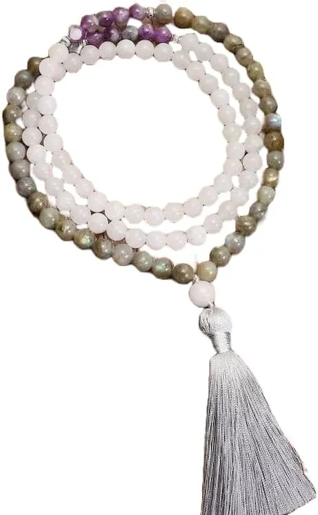 Natural Labradorite, Amethyst, White Jasper 8mm 108 Mala Beads, Spiritual, Meditation Beads, Reiki, Japa Mala, Buddhist Prayer Beads, Yoga Bracelet, healing beads LKMALA-RRGU-2805