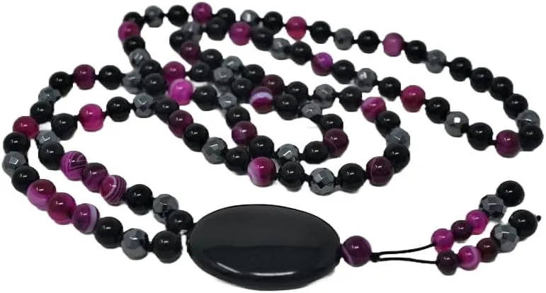 Natural Onyx Agate Hematite 8mm-7x3mm 108 Mala Beads, Spiritual, Meditation Beads, Reiki, Japa Mala, Buddhist Prayer Beads, Yoga Bracelet, healing beads LKMALA-RRGU-359, 34 inch