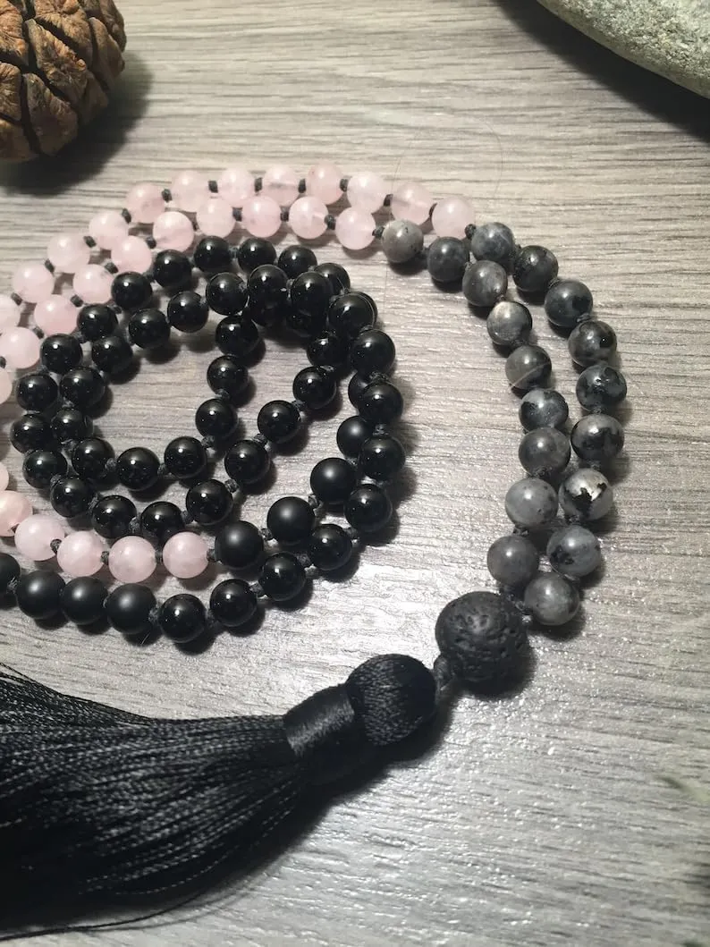 Natural rose quartz,labradorite,onyx and lava 6mm 108 Mala Beads, Spiritual, Meditation Beads, Reiki, Japa Mala, Buddhist Prayer Beads, Yoga Bracelet, healing beads LKMALA-RRGU-2230