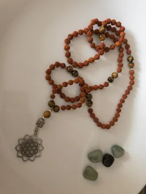Natural Rudraksha Tiger eye 8mm 108 Mala Beads, Spiritual, Meditation Beads, Reiki, Japa Mala, Buddhist Prayer Beads, Yoga Bracelet, healing beads LKMALA-RRGU-3537