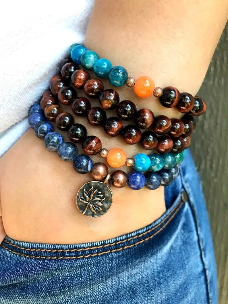 Natural Sodalite, Apatite and Red Tiger's Eye 8mm 108 Mala Beads, Spiritual, Meditation Beads, Reiki, Japa Mala, Buddhist Prayer Beads, Yoga Bracelet, healing beads LKMALA-RRGU-2524