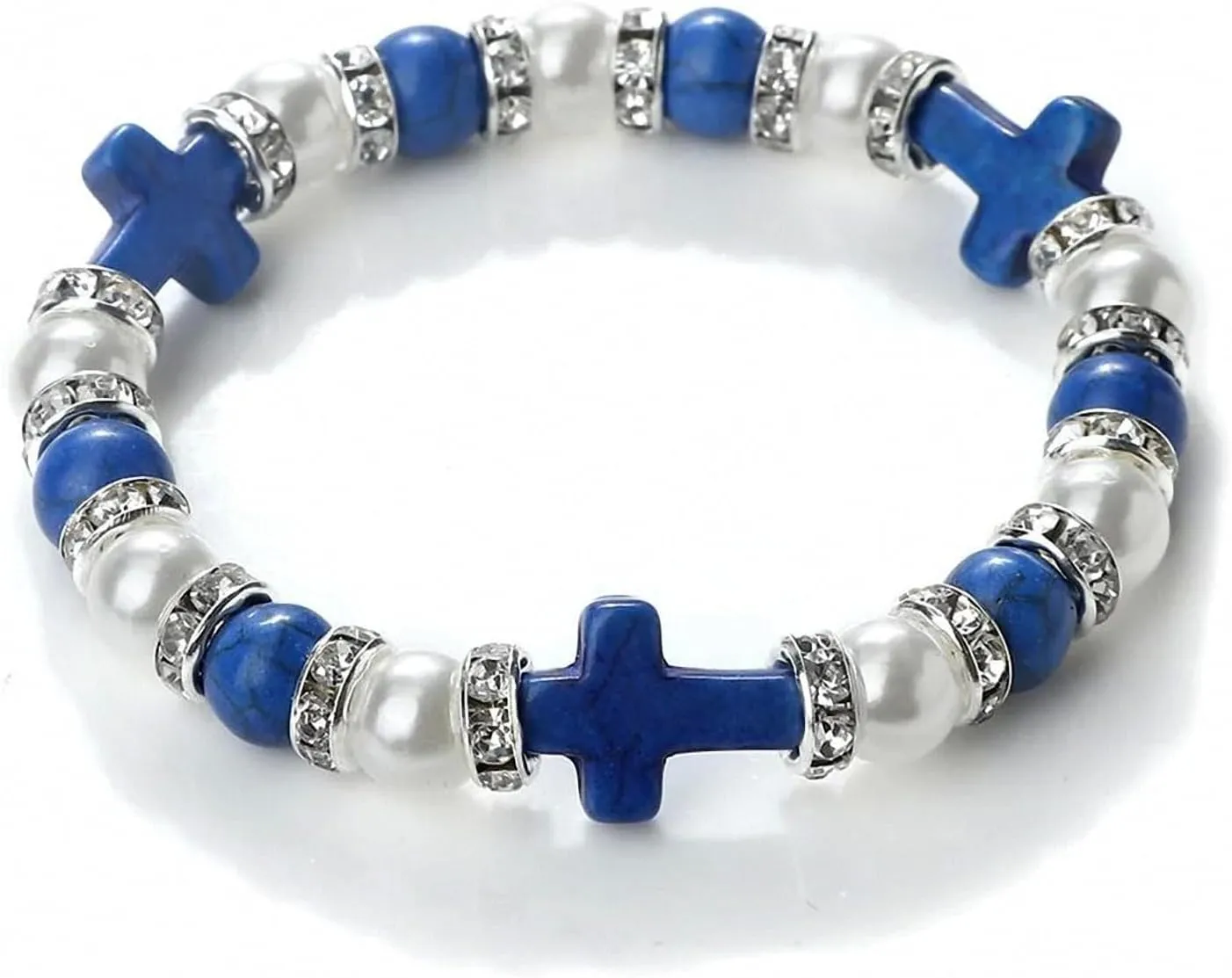 Natural Stone Cross Bracelet Blue Turquoises Imitation Pearl Beads Charm Elastic Bracelet for Women Men Bohemian Jewelry