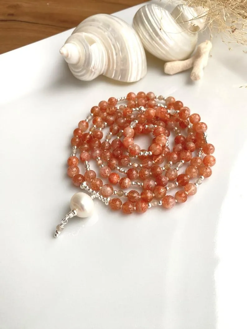 Natural Sunstone 6mm 108 Mala Beads, Spiritual, Meditation Beads, Reiki, Japa Mala, Buddhist Prayer Beads, Yoga Bracelet, healing beads LKMALA-RRGU-3416