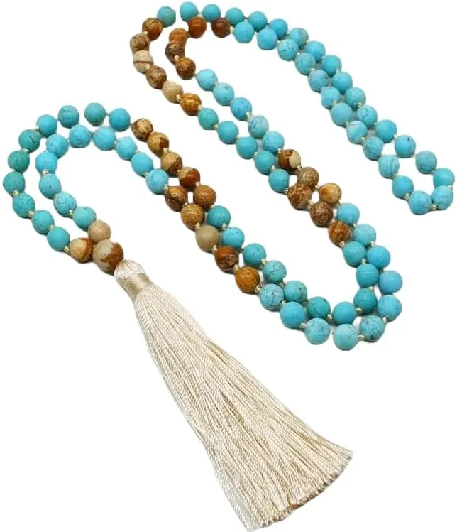 Natural Turquoise,Picture Jasper 8mm 108 Mala Beads, Spiritual, Meditation Beads, Reiki, Japa Mala, Buddhist Prayer Beads, Yoga Bracelet, healing beads LKMALA-RRGU-2803, 34 inch