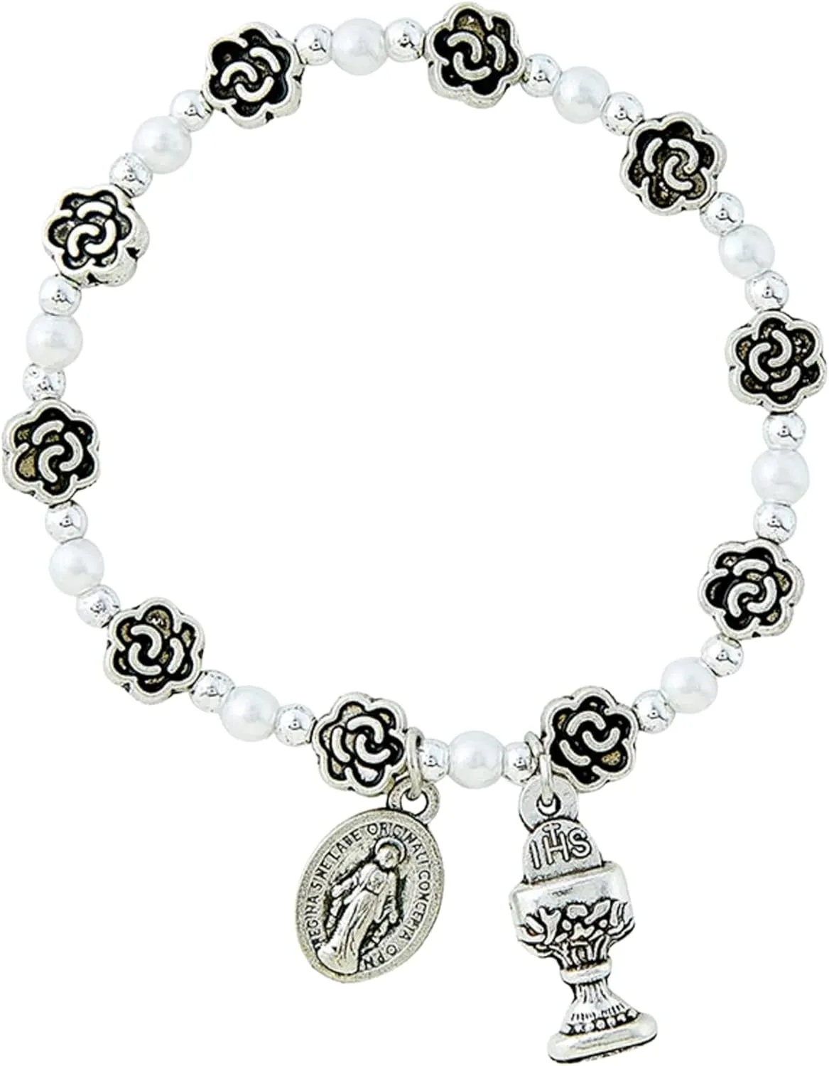 Needzo First Communion Rose Shaped and Faux Pearl Beaded Bracelet, Dangle Divine Mercy and IHS Chalice Pendant, Catholic Jewelry Gift, One Size Fits Most