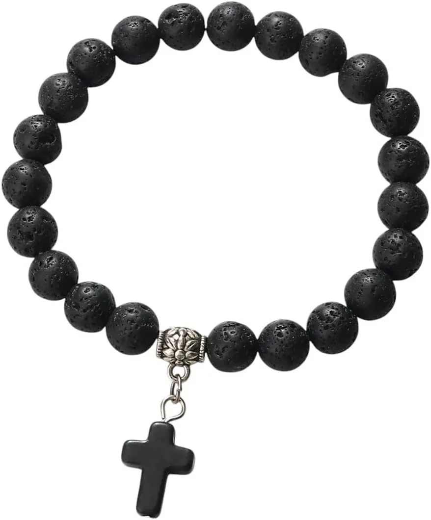New 2025 Unisex Natural Stone Cross Beaded Bracelets Charm Women Men Black Lava Rock Bead Onyx Stretch Strand Bracelet&Bangle Prayer Jewelry Findings Fashion Trendy Accessories Creative Gift For And