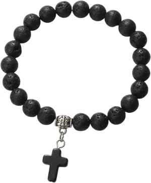 New 2025 Unisex Natural Stone Cross Beaded Bracelets Charm Women Men Black Lava Rock Bead Onyx Stretch Strand Bracelet&Bangle Prayer Jewelry Findings Fashion Trendy Accessories Creative Gift For And