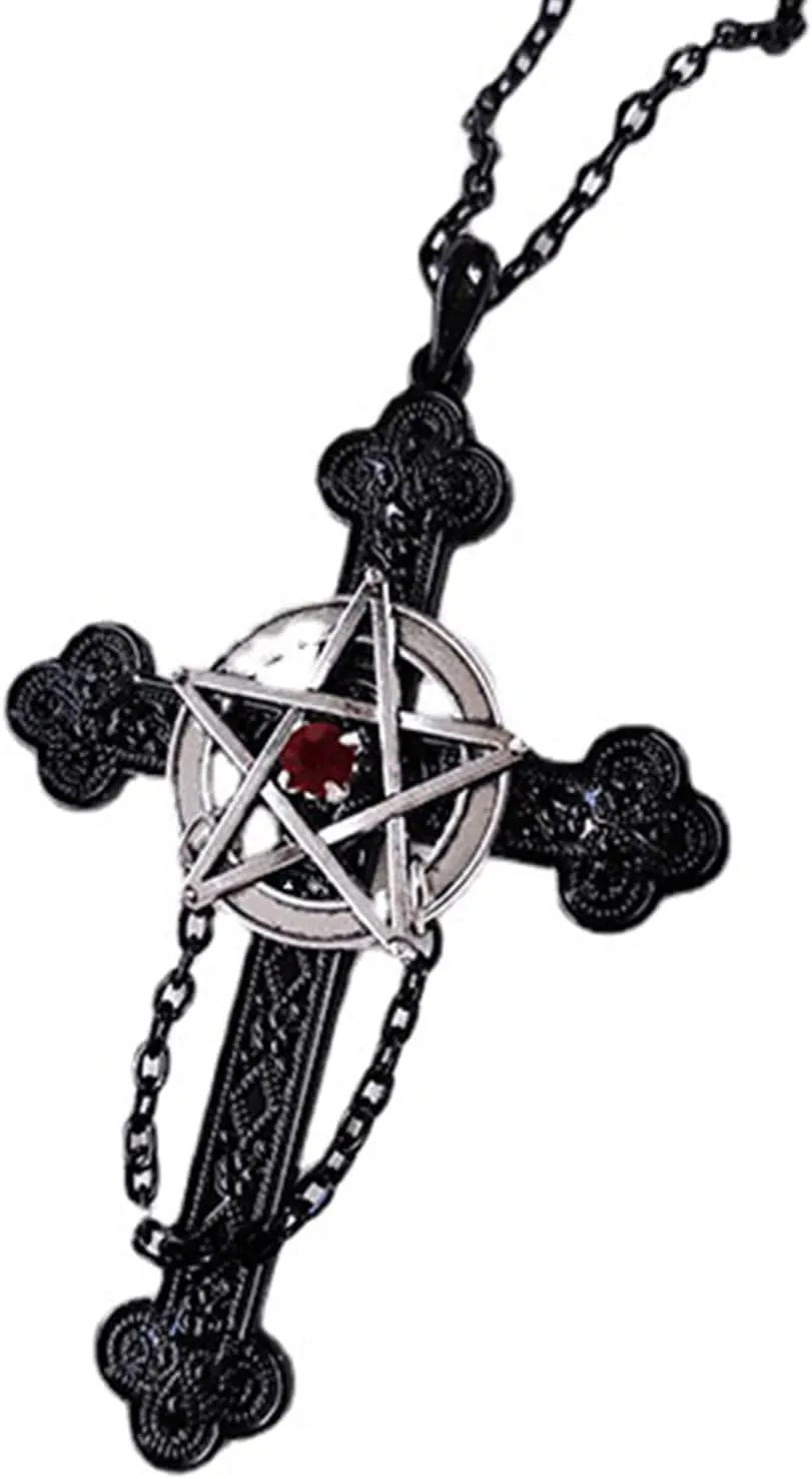 NUEAYMS Vintage Pentacle Cross Necklace Antique Pentacle Cross Charm Necklace Alloy Material Retro Pendant Necklace for Man