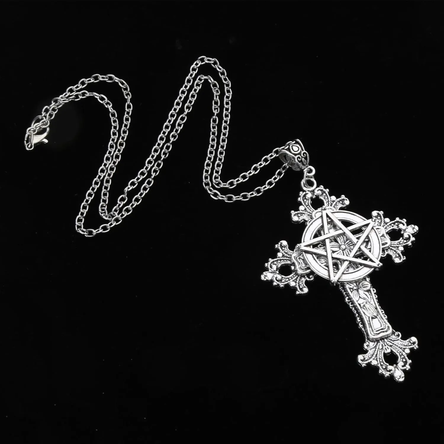 NUEAYMS Vintage Pentacle Cross Necklace Antique Pentacle Cross Charm Necklace Alloy Material Retro Pendant Necklace for Man