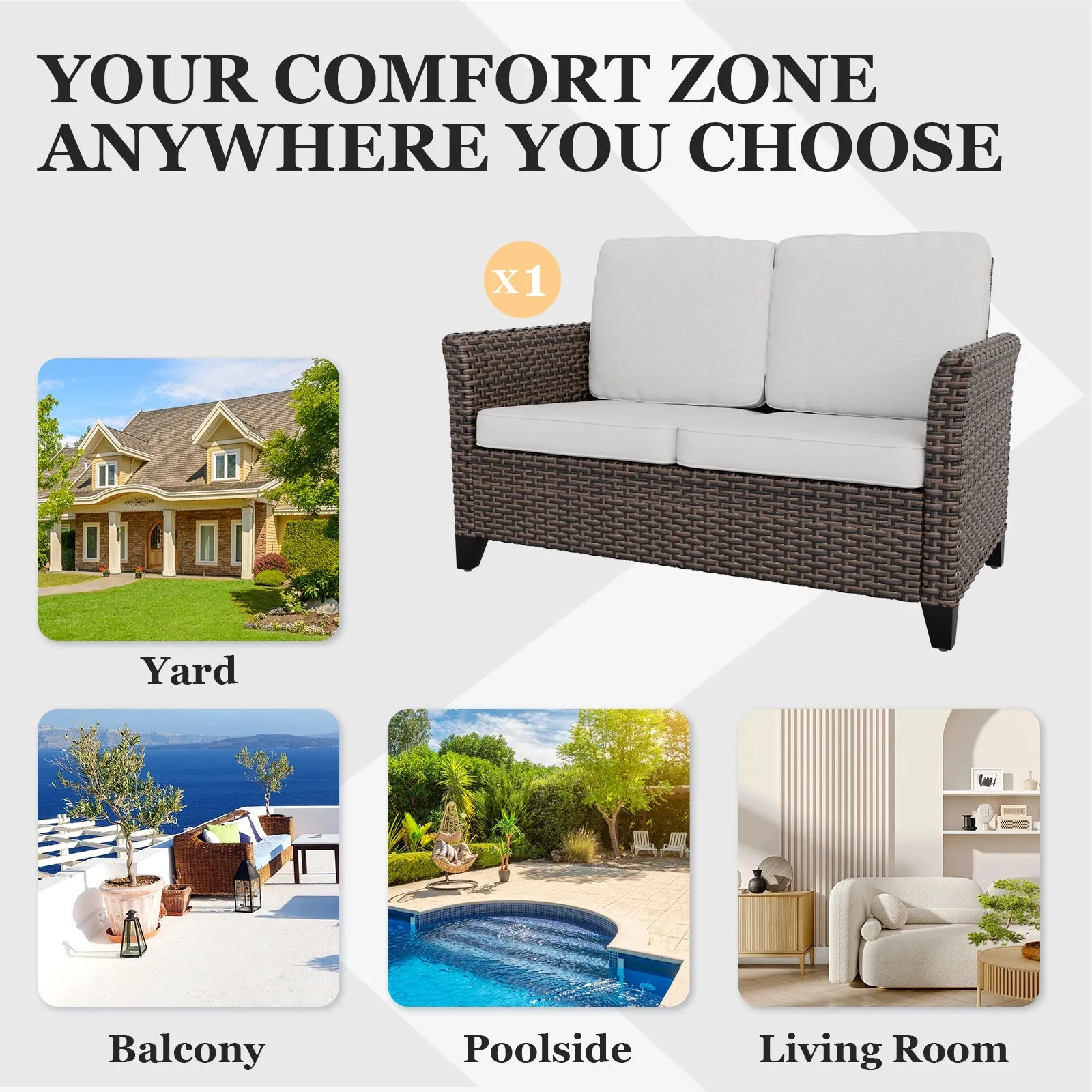 Ocean Vista Outdoor Wicker Patio Sofa Deep Cushions Rattan Loveseat