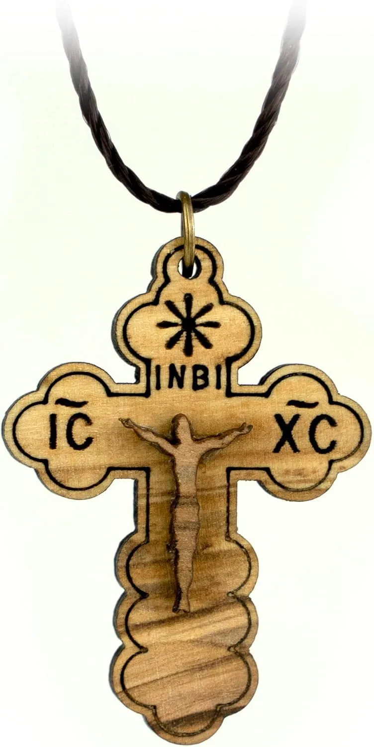 Orthodox Eastern Cross, Wooden Cross Necklace for Men & Women, Certified Holy Land Olive Wood Pendant Necklace from Bethlehem Israel, Christian & Catholic Religious Keepsake Gift