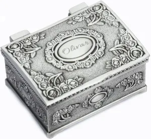 OXYEFEI Vintage Jewelry Box, Personalized Small Ring Box w/Name, Heart Shaped Jewelry Box, Customized Antique Jewelry Box Gifts for Women (Silver - Rectangular 1)