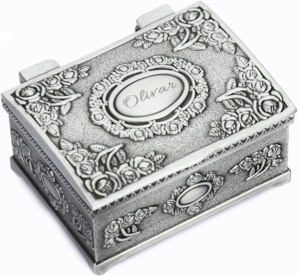 OXYEFEI Vintage Jewelry Box, Personalized Small Ring Box w/Name, Heart Shaped Jewelry Box, Customized Antique Jewelry Box Gifts for Women (Silver - Rectangular 1)