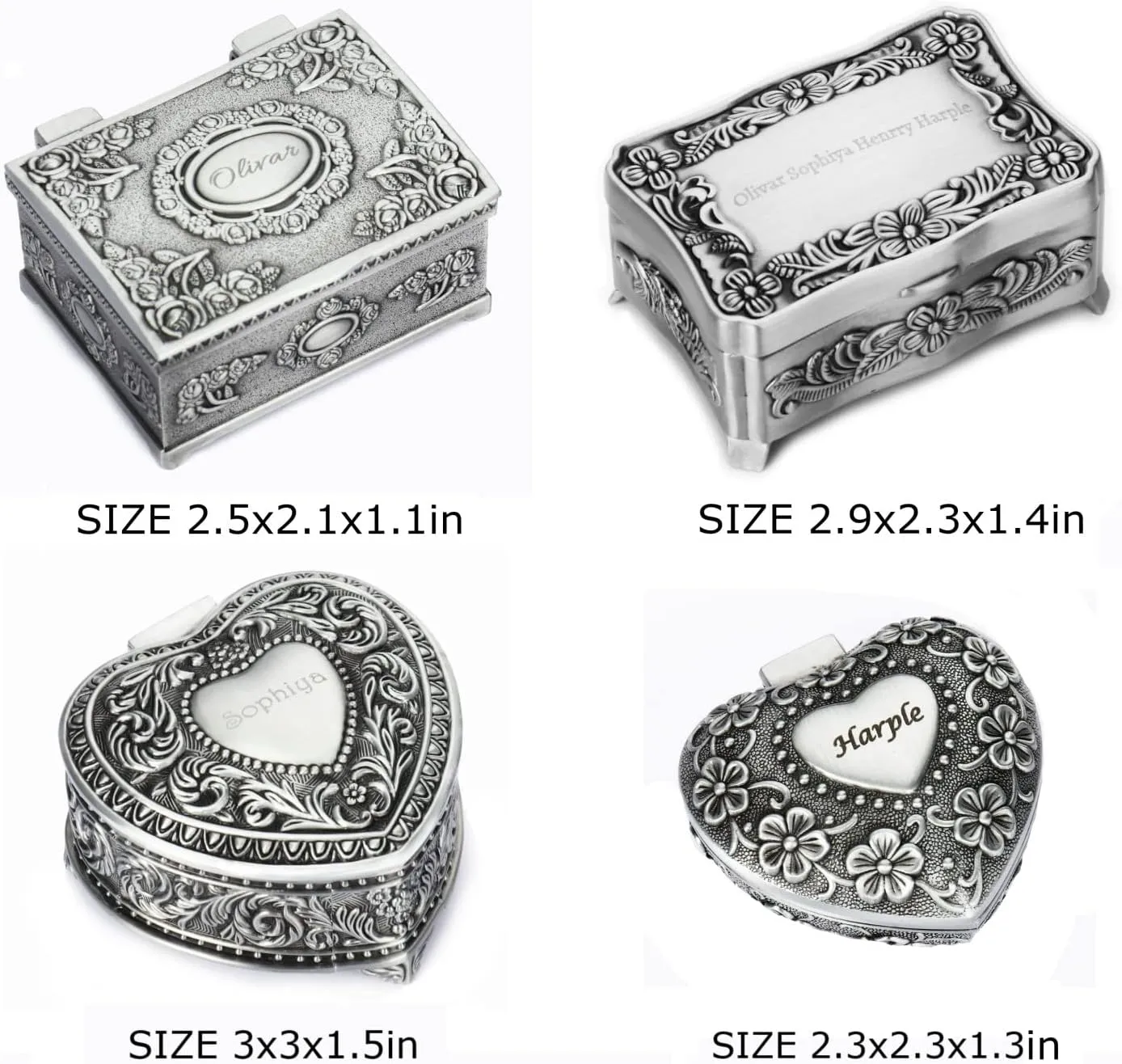 OXYEFEI Vintage Jewelry Box, Personalized Small Ring Box w/Name, Heart Shaped Jewelry Box, Customized Antique Jewelry Box Gifts for Women (Silver - Rectangular 2)