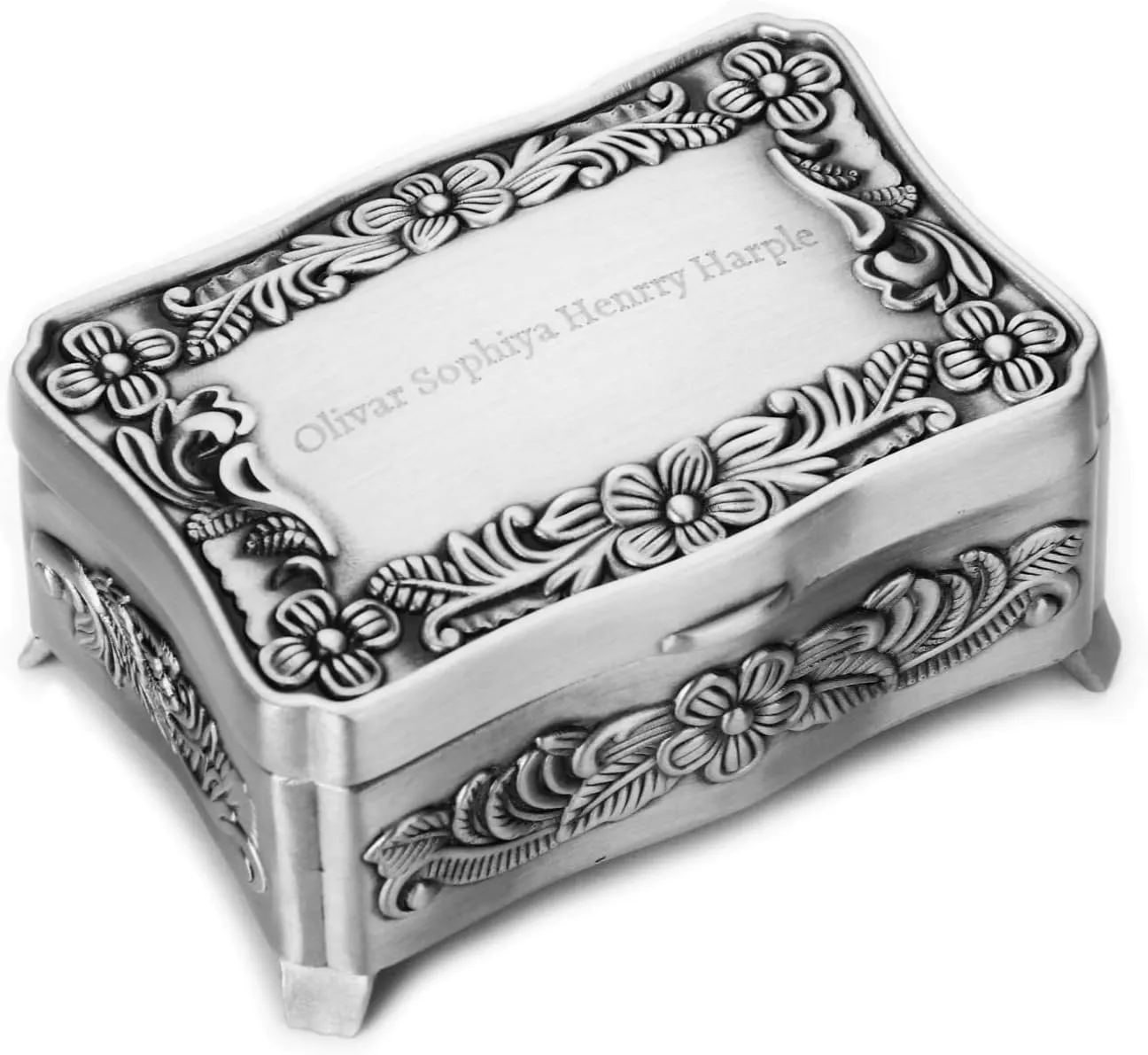 OXYEFEI Vintage Jewelry Box, Personalized Small Ring Box w/Name, Heart Shaped Jewelry Box, Customized Antique Jewelry Box Gifts for Women (Silver - Rectangular 2)