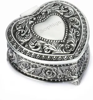 OXYEFEI Vintage Personalized Heart Shaped Jewelry Box w/Name, Customized Antique Small Ring Box Gifts for Women (Silver - Heart 2)