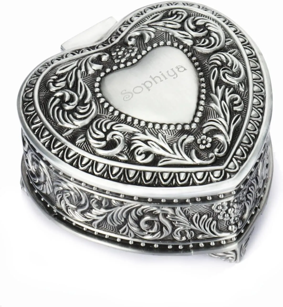 OXYEFEI Vintage Personalized Heart Shaped Jewelry Box w/Name, Customized Antique Small Ring Box Gifts for Women (Silver - Heart 2)