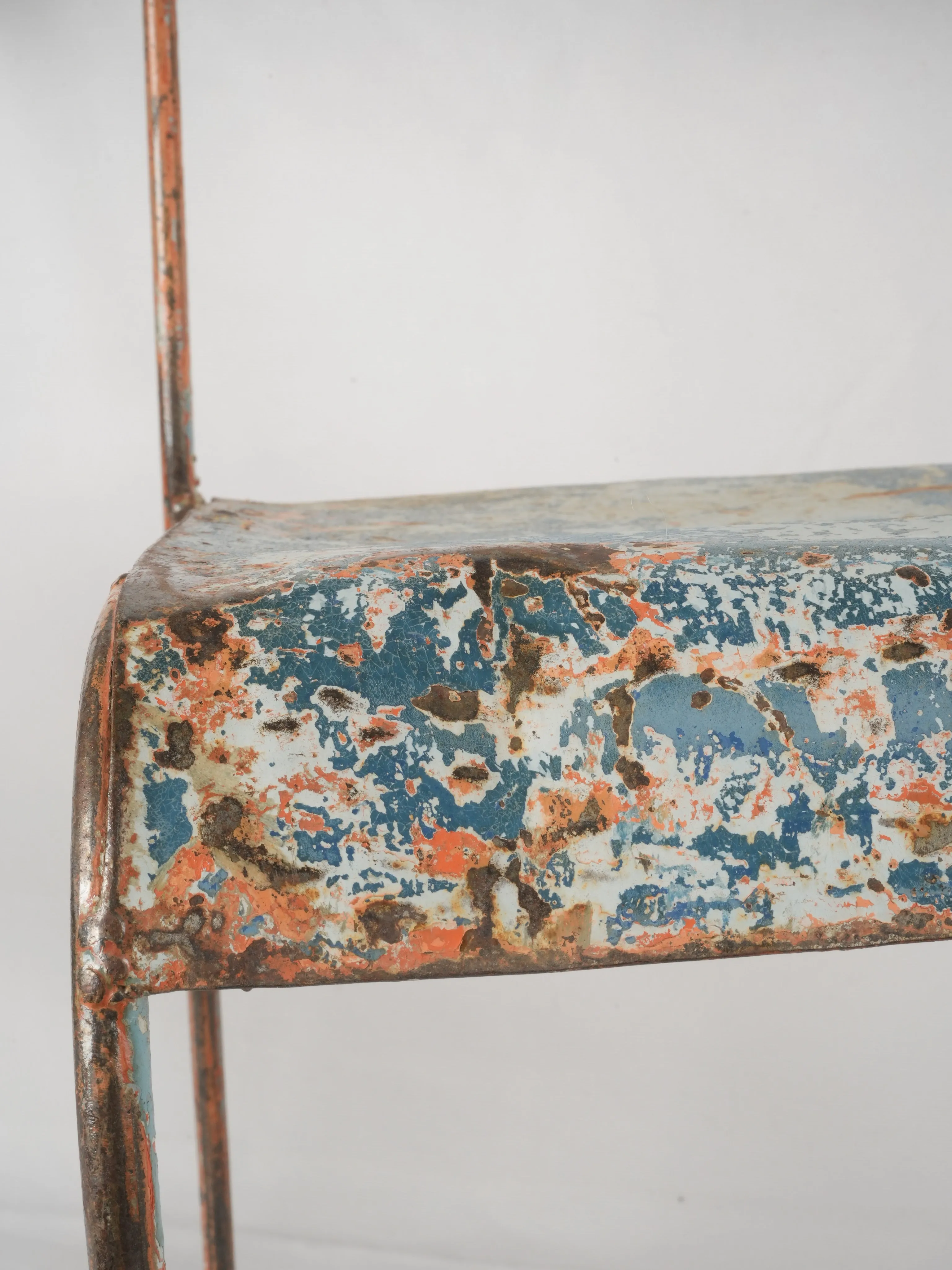 Pair of industrial metal garden chairs w/ blue patina
