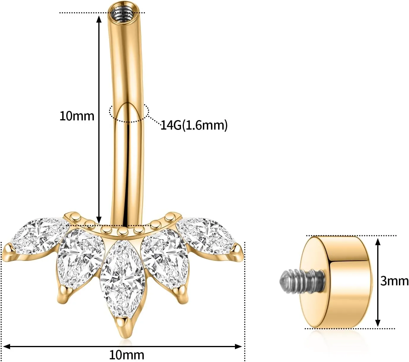PEAKLINK 14G Titanium Belly Jewelry Internally Threaded Curved Belly Barbell Silver Gold Navel Piercing Jewelry 10 mm